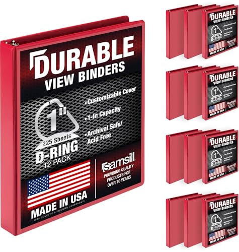 Samsill Durable 1 inch 3 Ring Binder D Ring Binder 100% Recycled Chipboard Red 12 Pack