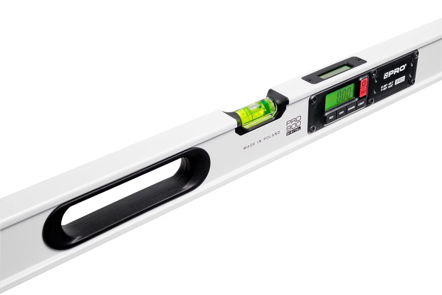 PRO900 Digitale Wasserwaage 100cm mit 2 LCD Displays und Abdeckung - Elektronische Wasserwaage mit Messwertspeicher für bis zu 19 Ergebnisse Schutzart IP65 - Farbe Weiß