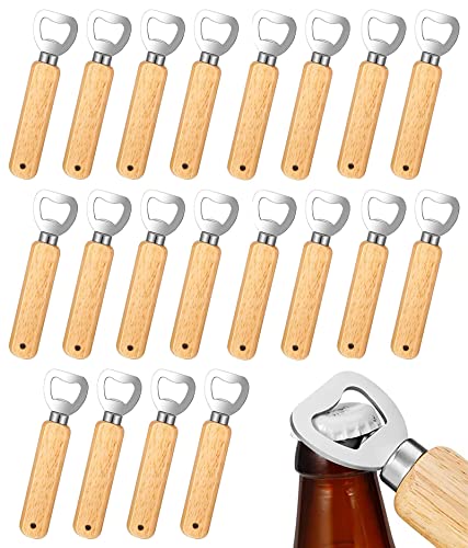 OurLeeme 20 abridores de botellas de madera, mango de madera natural, abrebotellas de cerveza con diseño de agujeros portátiles, abrebotellas, acero inoxidable, grandes regalos para hombres, Navidad