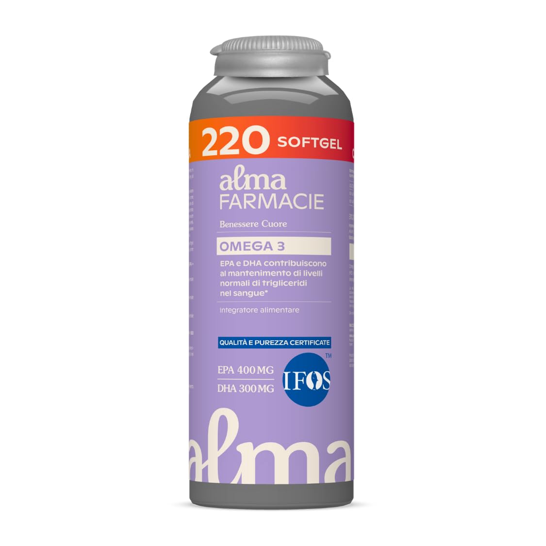 Omega 3 Alma Farmacie 220 Softgel Certificato IFOS 5 Stelle | 400 mg EPA e 300 mg DHA per dose, olio puro per il controllo dei trigliceridi, cuore, mente, occhi. Senza Glutine e Lattosio