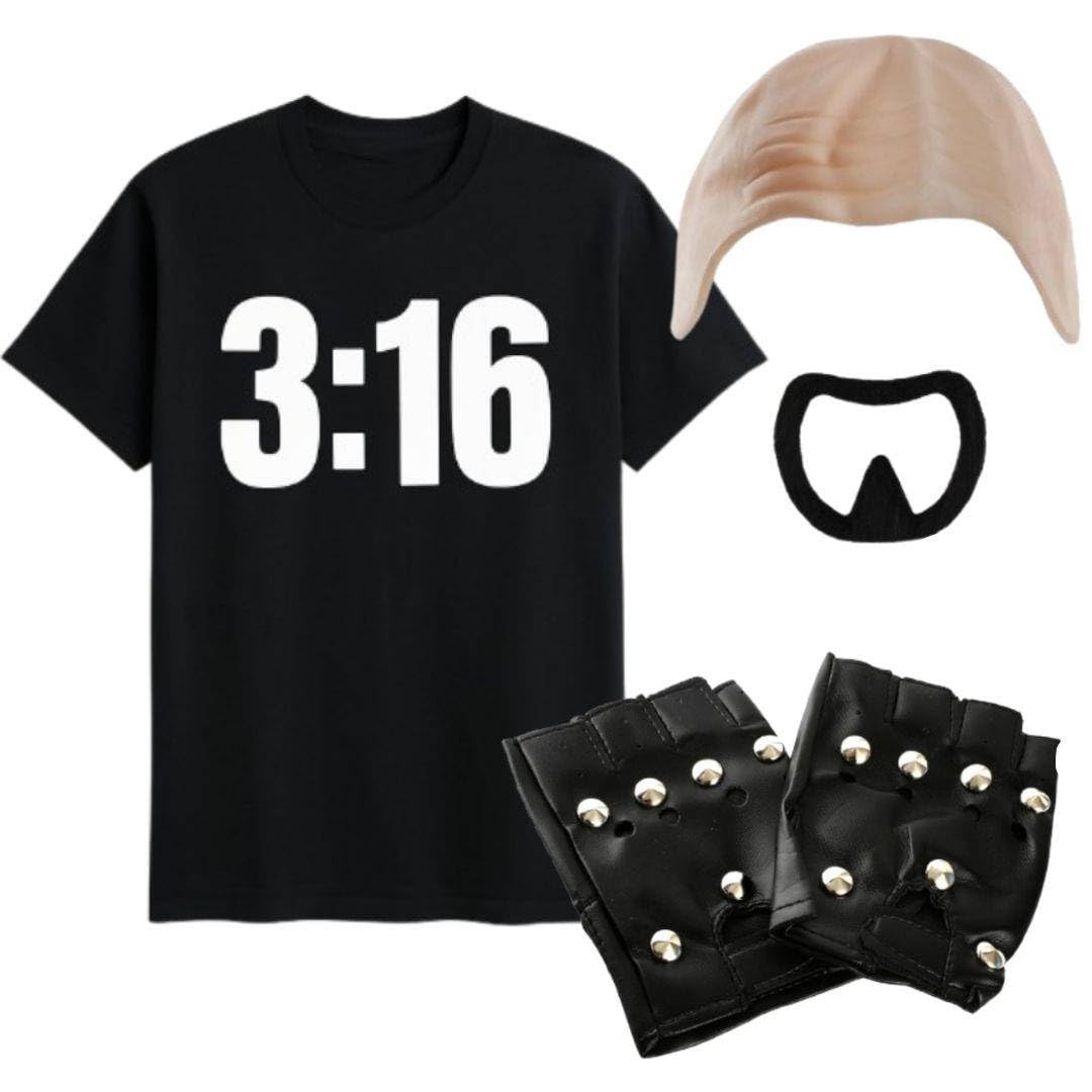 Stone Cold Wrestler Costume Set – Black T-Shirt, Bald Cap, Studded Gloves & Goatee – Adult Fancy Dress Outfit for Parties & Halloween