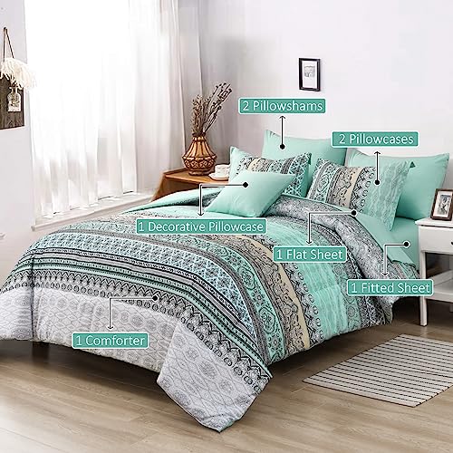 Image of Cottolester Boho Comforter Set King Size,8 Piece Bed in a Bag Sage Green Paisley Comforter and Sheet Set,Striped Bedding Set Soft Microfiber Complete Bedding Set
