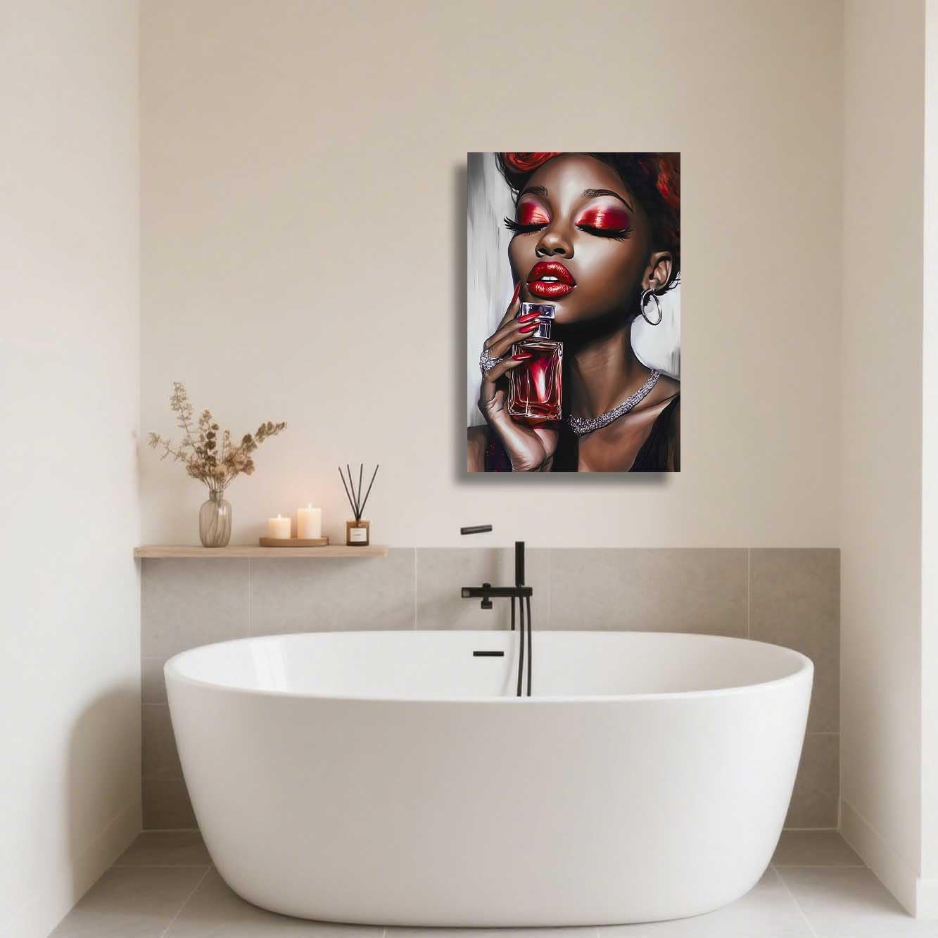 ZSHARTSWD African American Wall Art Black Women with Perfume Picture Fashion Black Girl Portrait Canvas Print Sexy Lips Painting Bedroom Bathroom Decor Framed (Red, 20L x 16W)
