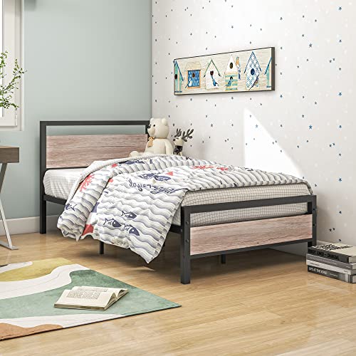 Image of HOJINLINERO Twin Bed Frames with Wood Headboard,Metal Twin Platform Bed Frame No Box Spring Needed,Heavy Duty Steel Slats,No Noise,Black and Teak Oak