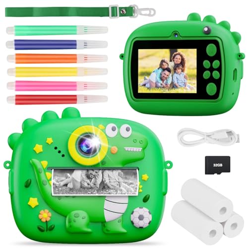 Camara Fotos Infantil Instantanea, 2,4 Pulgada HD 1080P Cámara Instantánea para Niños con Tarjeta de 32G y Papel de Impresión, Doble Lente Camara Fotos Infantil, Niños y Niñas de 3 a 12 años (Verde)