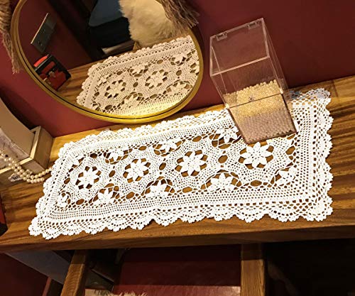 Janef White Handmade Crochet Cotton Table Runner Lace Doilies Doily Rectangle Dresser Scarves,16 by 35 Inches.