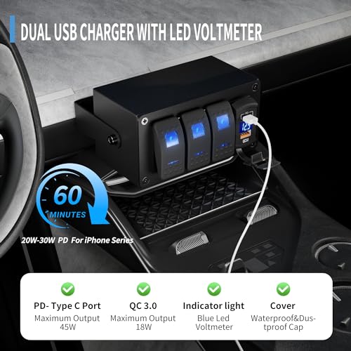 Image of Joinfworld 3 Gang Marine Rocker Switch Panel 12V Rocker Switch Box SPST ON /Off with Dual USB Outlet PD Type C & QC 3.0 Car USB Port and LED Voltmeter for Boat Marine Automotive Car Truck RV UTV
