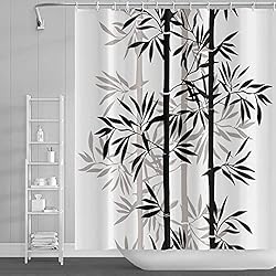 Cortina Ducha Bambu SDOTPMT 122x183cm Bambú Hojas Cortina de Ducha Negro Blanco Abstracto Bambú Planta Cortina de baño Clásico Pintura en Tinta Cortina bañera para niños Baño Tela Poliéster con Ganchos