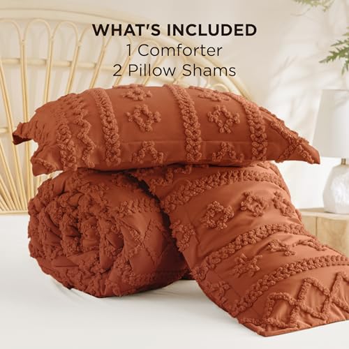 Image of Bedsure Tufted Boho Comforter Set Queen Size - Terracotta Boho Bed Set, GentleSoft 3 Pieces Farmhouse-Style Embroidery Bedding, Gifts for Woman, Soft Jacquard Kids' Queen Comforter for All Seasons