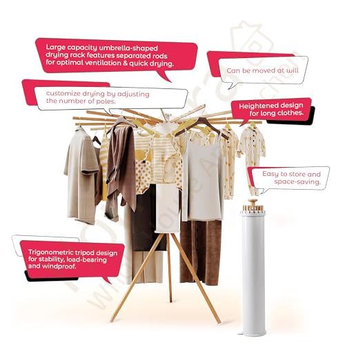 Image of Foldable Tripod Clothes Drying Rack, Floor Standing Laundry Dryer with 16 Solid Beech Wood Poles | Multi-Way Rotatable Cloth Stand, Heavy-Duty, Collapsible & Lightweight, 3.9 ft Drying Length
