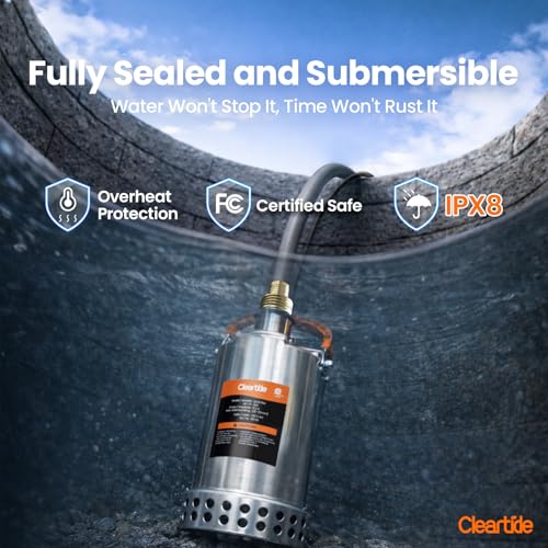 Image of Cleartide Stainless Steel Submersible Utility Water Pump, 3 /4 HP 3780 GPH, Thermoplastic Portable Plug & Work, Ideal for Pool, Flooded Basement, Hot Tub, Pond & Garden Draining, 10 FT Cord
