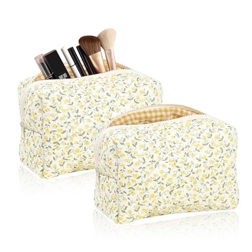 lioewhu 2 Stück Gesteppte Kosmetiktaschen mit Blumenmuster, Weiche Waschbare Toilettentasche aus Baumwolle, Tragbare Reise-Make-up-Tasche mit Reißverschluss für Reise, Gym, Aufbewahrung (Gelb)