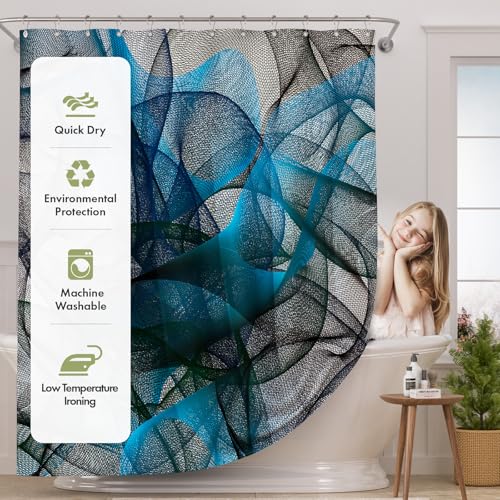 Image of AmazerBath Shower Curtain Blue, Abstract Black Striped Cloth Shower Curtain Sets with 12 Shower Curtain Hooks, Luxury Rustic Fabric Washable Shower Curtain for Bathroom Home Decor, 72x72 Inches