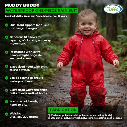 Image of Tuffo Muddy Buddy Kids Waterproof Rain Suit One-Piece Coverall, Dual Zippers, Sealed Seams, Reinforced Knees - Boys & Girls
