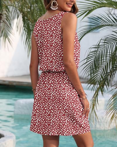 Image of AUSELILY Summer Dresses for Women Casual Sleeveless Drawstring Mini Dress | Sundress with drawstring waist & pockets. Casual beach cover up for summer vacation, pool and daily wear