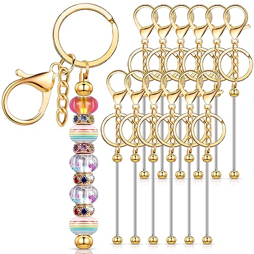Tondiamo 12 Pcs Beadable Keychains Bars Bulk Blank Beaded Metal Keychain for Craft DIY Gift(Gold)