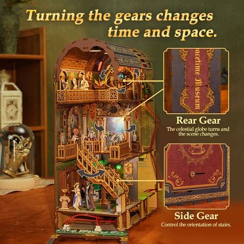 Image of Tonecheer DIY Book Nook Kit for Adults, 3D Wooden Puzzle Bookend Miniature House Kit, Booknook Bookshelf Insert Decor with Dust Cover and LED Lights Gifts (Spacetime Museum)