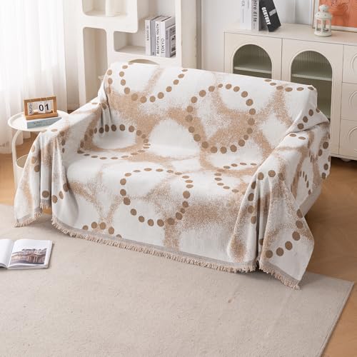 Image of HOKIPO Premium Chenille Printed Sofa Cover Throw Blanket 320 GSM for 2 Seater - All Season Use, 'Serene Abode Series' Latte Dotted Wave (180x250 cm) (AR-6632-D3)