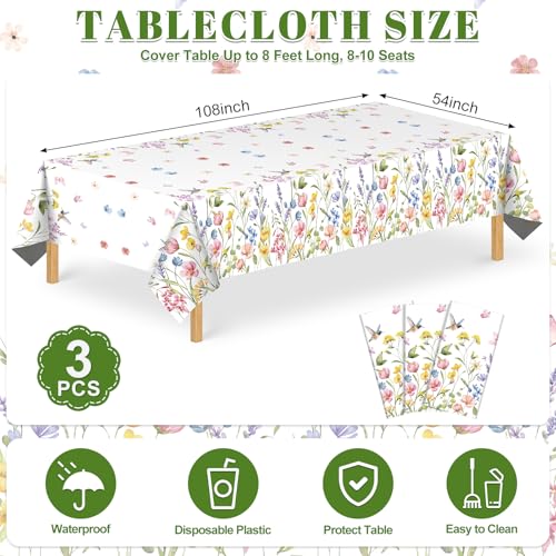 Image of NatNarr 3 Pack Wildflower Plastic Tablecloths, 54 X 108Inch Spring Tablecloth Disposable Tea Party Table Cloth, Butterfly Wildflower Porcelain Tables Decor for Tea Party Birthday Garden Wedding Party