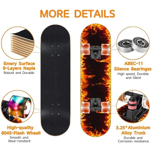 Feuer-Skateboards mit bunten blinkenden Rädern für Anfänger, Kinder, Jugendliche, Erwachsene, 80,9 x 20,3 cm, komplettes Standard-Skateboard, 9-lagiges kanadisches Ahorn-Deck, konkaves Skateboard…