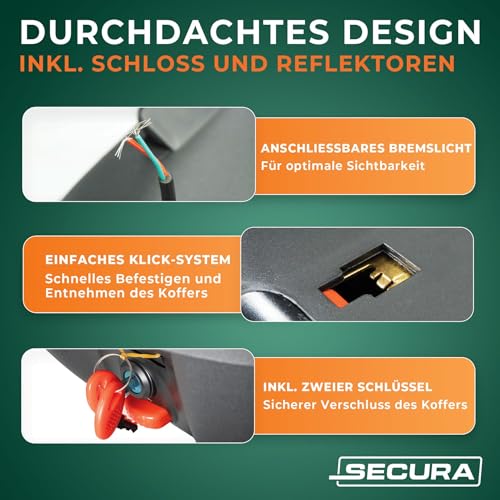 Secura Motorradkoffer Topcase schwarz 32 L abschließbar mit Rücklicht und Halterung | Topcase für Motorrad Quad Zubehör Koffer hinten | Top Case Gepäckträger Koffer Motorrad Box