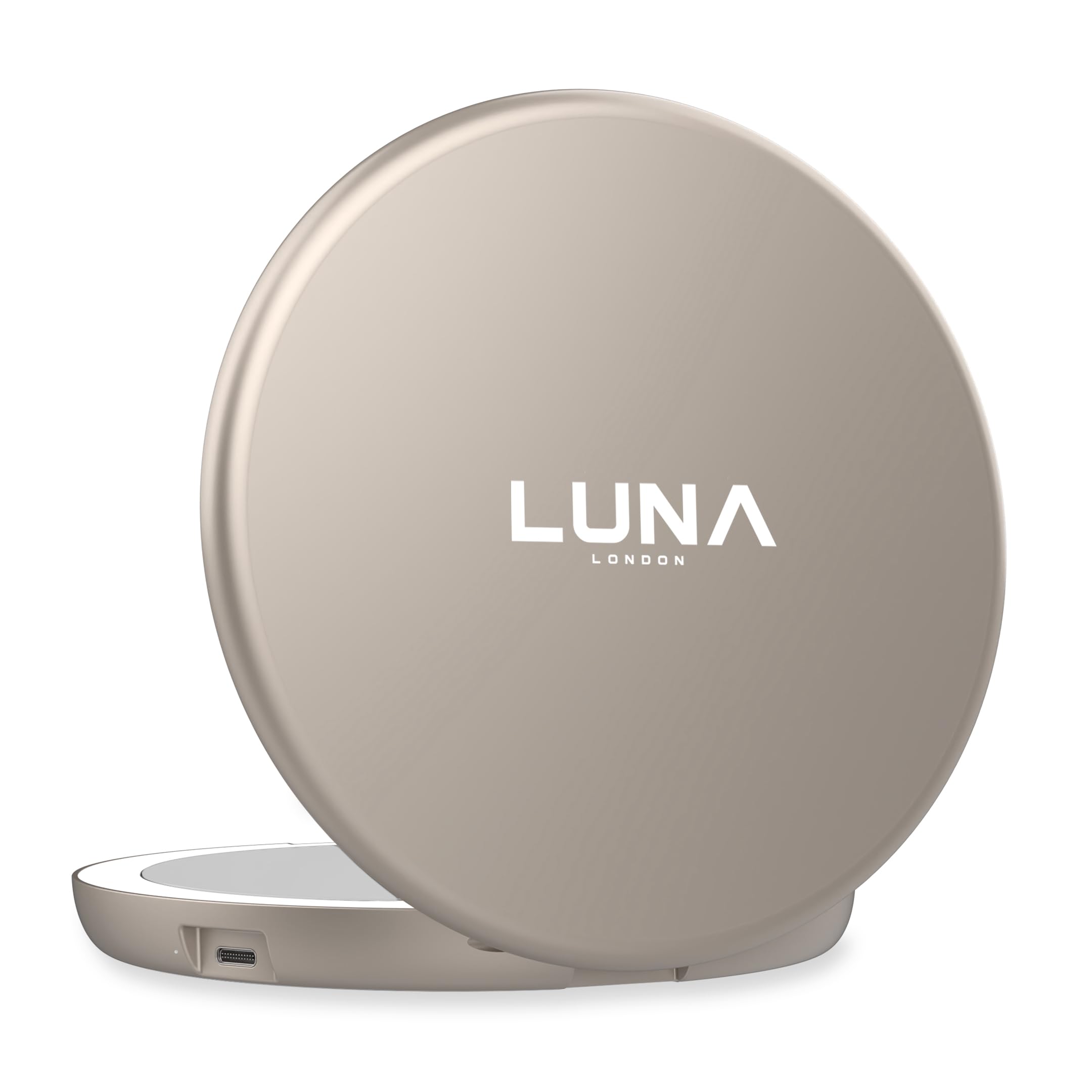 Luna London Soft Stone Compact Travel Mirror | Travel Makeup With Light | Led Lighted Vanity With 3 Light Modes | 7X Magnification Folding Portable & Rechargeable |