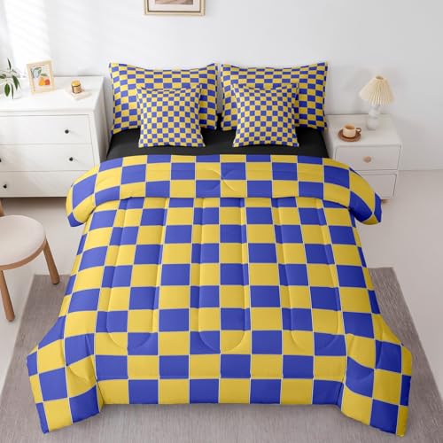 Image of Erosebridal Geometric Plaid Full Bed in A Bag 7 Pcs Yellow Blue Brown Checkerboard Bedding Set for Kids Boys Teen Adults,Checkered Grid Comforter Set with Sheets Modern Aesthetic Bed Set