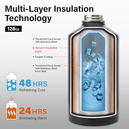 1 Gallon Water Bottle Insulated | Thickened Stainless Steel Vacuum Metal Water Jug | Portable Sports Large for Gym and Hiking with Straw, Carrier Bag, Handle Strap | BPA-Free 128 oz