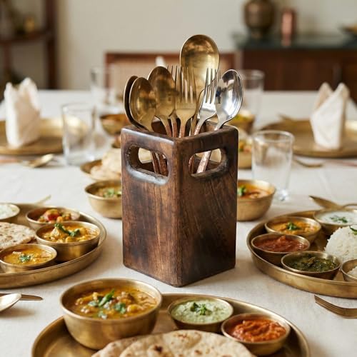 Image of Wooden Cutlery Holder Stand 4x4x6 Inch | Mango Wood Spoon Fork Organizer for Kitchen Counter | Dining Table Utensil Stand | Rustic Wooden Storage Rack | Housewarming Gift (4x4x6 Inch)
