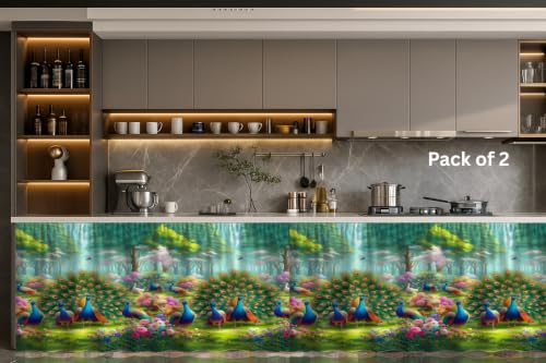 Image of Under Sink & Counter Curtain for Modular Kitchen - Printed Fabric Rod Pocket Hanging Skirt, Washable Under-Counter Cover, Pack of 2 Panels (Each Panel: 150 x 70 cm) (Forest)