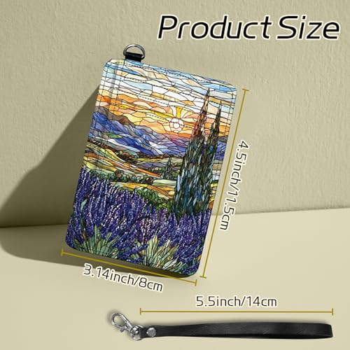 Image of Small Travel Wallets, Stained Glass Lavender Slim Minimalist Front Pocket Wallet with Wristlet, RFID Blocking PU Leather Credit Card Holder with ID Window Change Purse for Men Women