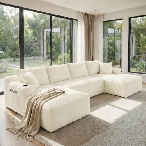 Image of 133 inch Modular Sectional Sofa Couch, Boneless Cloud Couches for Living Room, Oversized Corduroy U Shaped Cloud Sectional Sofa with CupHolders and Storage, No Assembly Required, Beige