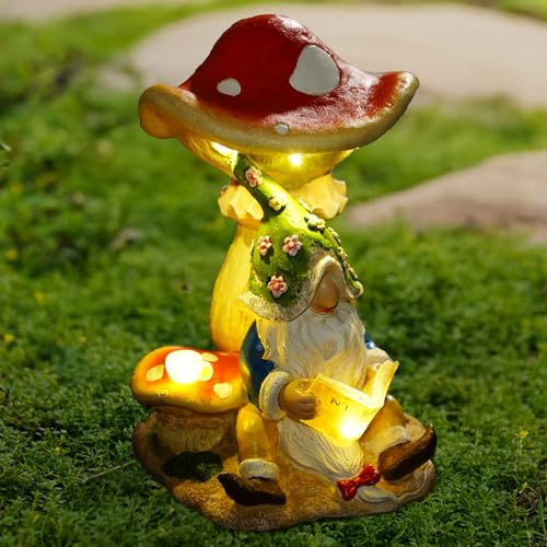 NATASE Upgraded Size Solar Garden Outdoor Statues Gnome Reading Under Mushroom with 5 LED Solar Figurine for Lawn,Patio,Balcony,Yard Decor Unique Housewarming Gift for Grandfather, Father,Grandma,Wen