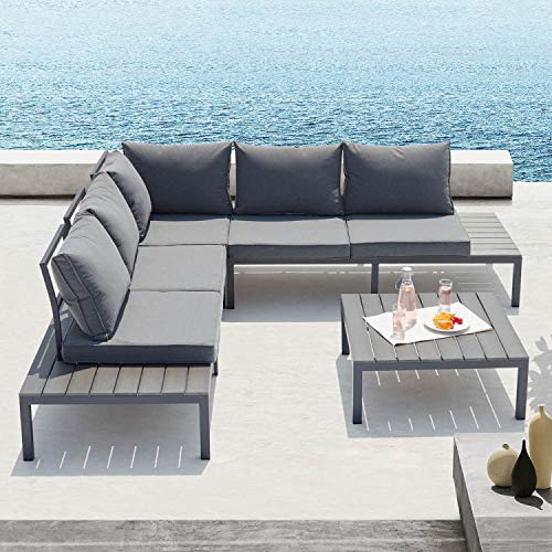 CONCEPT USINE | Salon de Jardin en Aluminium 5 Places | Design FIRA Gris Foncé | Ensemble d'Extérieur | Structure et Pieds Alu | Confortable et Robuste | Waterproof