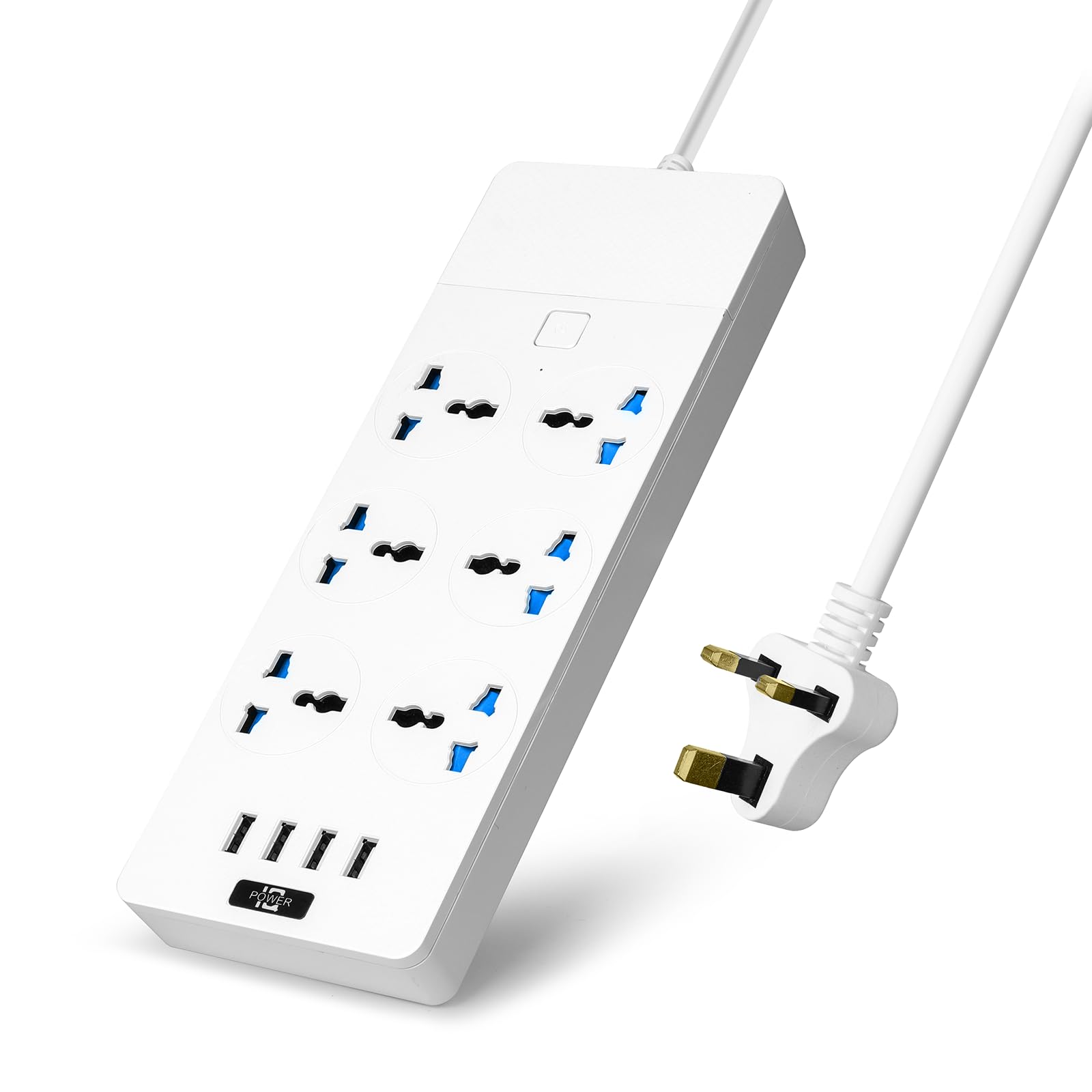 Baytion Universal Extension lead, with 6 gang of UK Plug 3 Pin Socket and 4 USB Port, 2 Meters Electric Socket Mains Strip with Surge Protection for Kitchen, Home and Office (White)