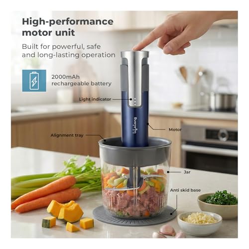 Image of Lifelong Rechargeable 2000mAh Electric Chopper for Kitchen Use| 800ml Glass Bowl | 3x200ml Bowls with Attachments for Vegetable, Onion Chopper, Meat Mincer & Garlic Peeler | Stainless Steel Blades