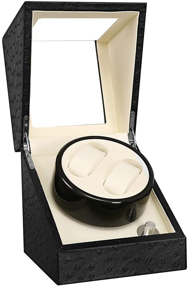 Automatic Watch Winder with Quiet Japanese Motor,AC Adapter or Battery Powered,Wood Shell Piano Finish, Silent Motor, Flexible Watch Pillow