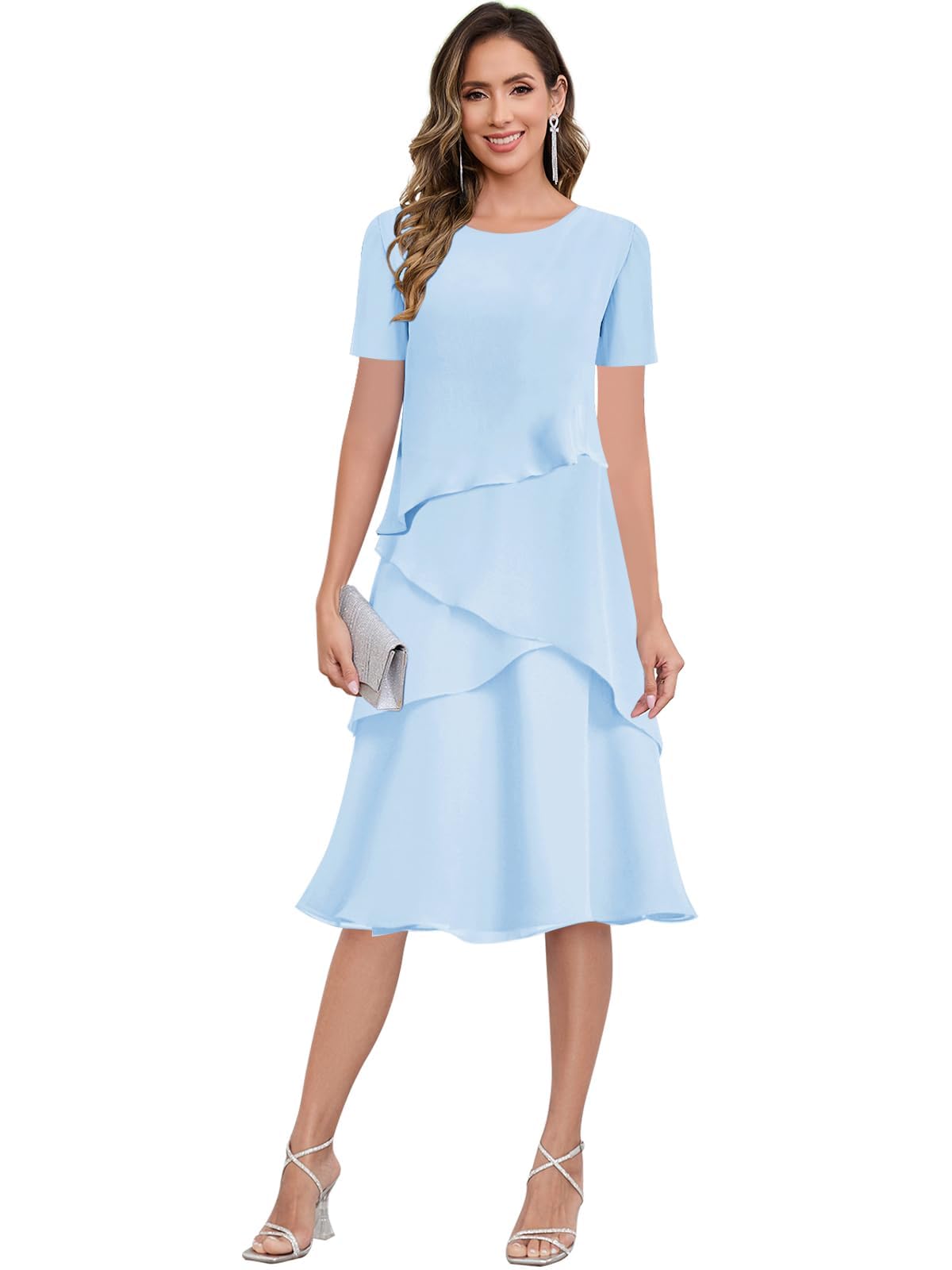 JAEDEN Damen Brautmutterkleider Lang Chiffon Formal Hochzeitsgast Kleid mit Ärmel Knielang
