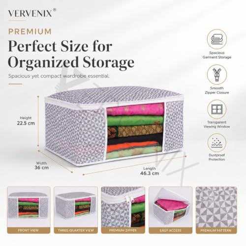 Image of VERVENIX Saree Cover Pack of 12, Grey Dot Pattern Garment Storage Bags with Zipper & Transparent Window, Dustproof Clothes Cover for Suits, Dresses, Coats & Shirts,46.3 x 36 x 22.5 CM