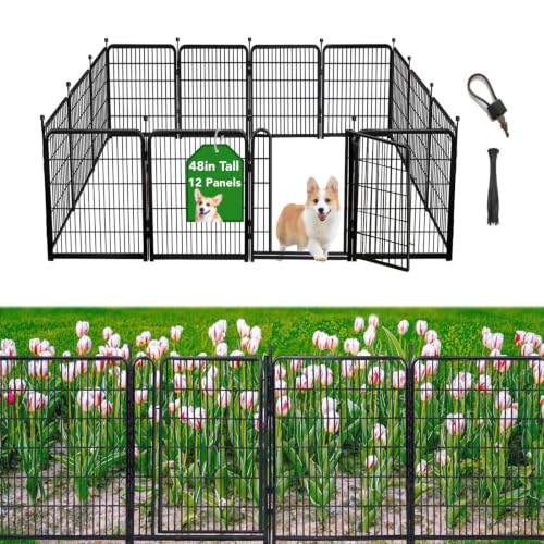Getlay Garden Fencing 48in High, 12 Panels Total 26.6Ft(L) Dog Fence Outdoor for Yard, Gate 21 in Wide with Low Sills. Black Metal Fencing for Yard 4ft Tall, Garden Fences, Animal Barrier Fence
