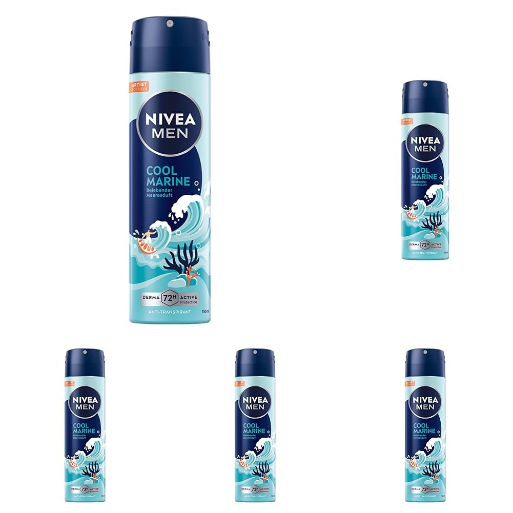 NIVEA MEN Cool Marine Artist Edition Deo Spray, Deodorant für 72h Anti-Transpirant-Schutz gegen Schweiß und Geruch, Deospray mit erfrischendem Duft (150 ml) (Packung mit 5)