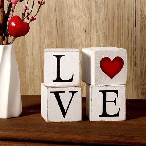 Pawliss Valentines/St. Patrick’s Day Decorations, 4Pcs Rustic LOVE Wooden Centerpieces Decor Signs, Farmhouse Valentines Galentines Day Decor for the Home Office Table Mantel Shelf Gifts