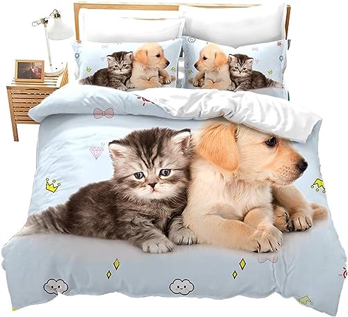 SIVAGA Housse de Couette 140x200 Les Chats Et Les Chiens Animal, Parure de Lit Enfant 1 Personne en Microfibre Douce Imprimée en 3D avec 2 Taies d'oreiller...