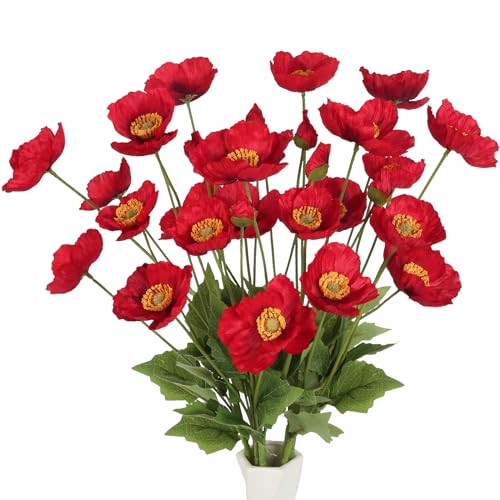 ICBOX Red Poppy Flowers Artificial,8PCS Faux Poppy Flowers 23.2in Silk Poppy Flowers with Stems for Wedding Bouquet Party Table Centerpiece Arrangement Home Decor(Red)