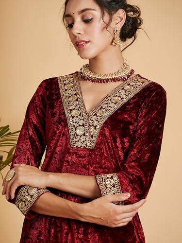 Image of Women's Velvet Floral Embroidered Straight Kurta | Round Neck Three-Quarter Sleeve Calf Length Kurti with Thread Work