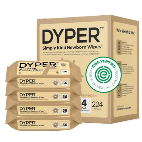 Image of DYPER - Newborn Baby Wipes - 99.9% Water, 100% Plant-Based, Unscented & Hypoallergenic, Soft for Sensitive Skin, Plastic-Free, Skin-Friendly Ingredients - 4 Pack (224 Wipes)