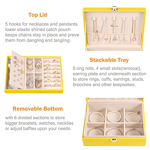 Voova Jewelry Box Organizer For Women Girls, 2 Layer Large Men Jewelry Storage Case, Pu Leather Display Jewellery Holder With Removable Tray For Necklace Earrings Rings Bracelets, Vintage Gift, Yellow #TOP1