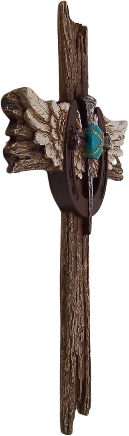 Resin Wall Cross with Horseshoe Emblem & Angel Wings, Rustic Home & Office Decor, Religious Gift, 12 Inches