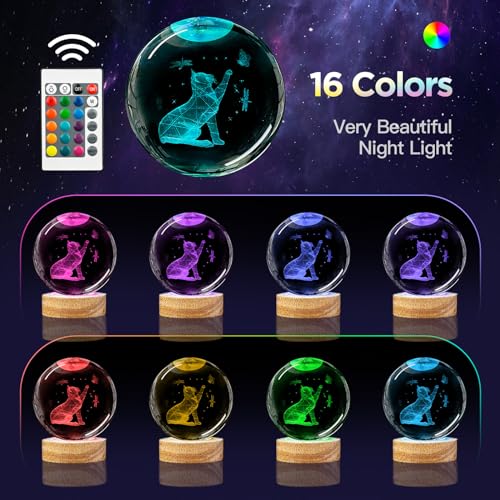 Image of 3D Cat Crystal Ball Night Light with Woodern Base, 3.15 inch Cat Figurines Glass Lamp with 16 Colors Cat Snow Globes Cool Desk Decor Cat Gifts for Women Girl Cat Lovers Kids Friends