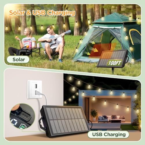 100FT Solar String Lights Outdoor Waterproof with Remote & Timer, LED Shatterproof ST38 Bulbs, USB & Solar Powered Patio - Additional View